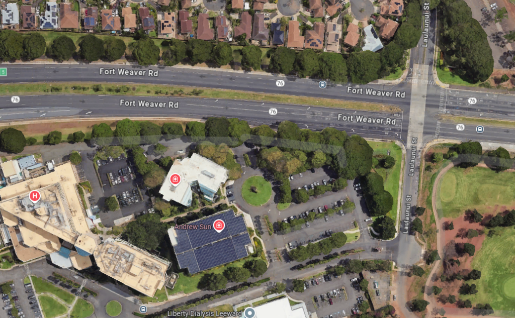 Google Maps image of the Fort Weaver Road and Laulaunui Street intersection.