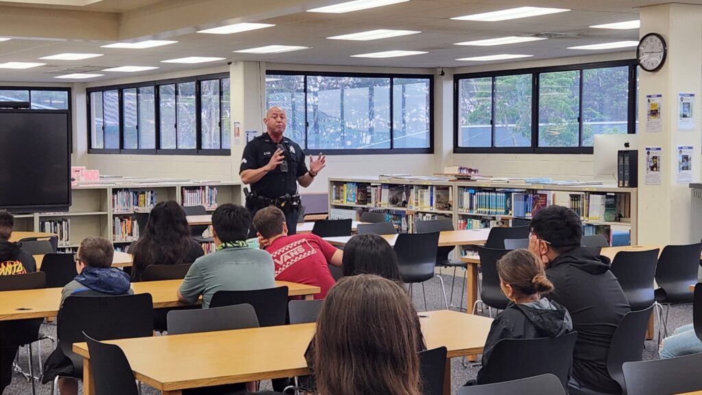 Officers talking to kids about safety