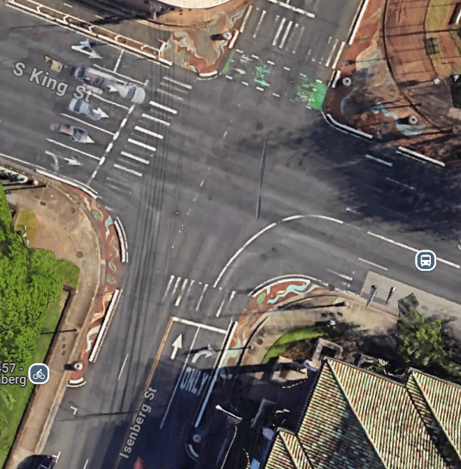 Google Maps image of the intersection of South King Street and Isenberg Street