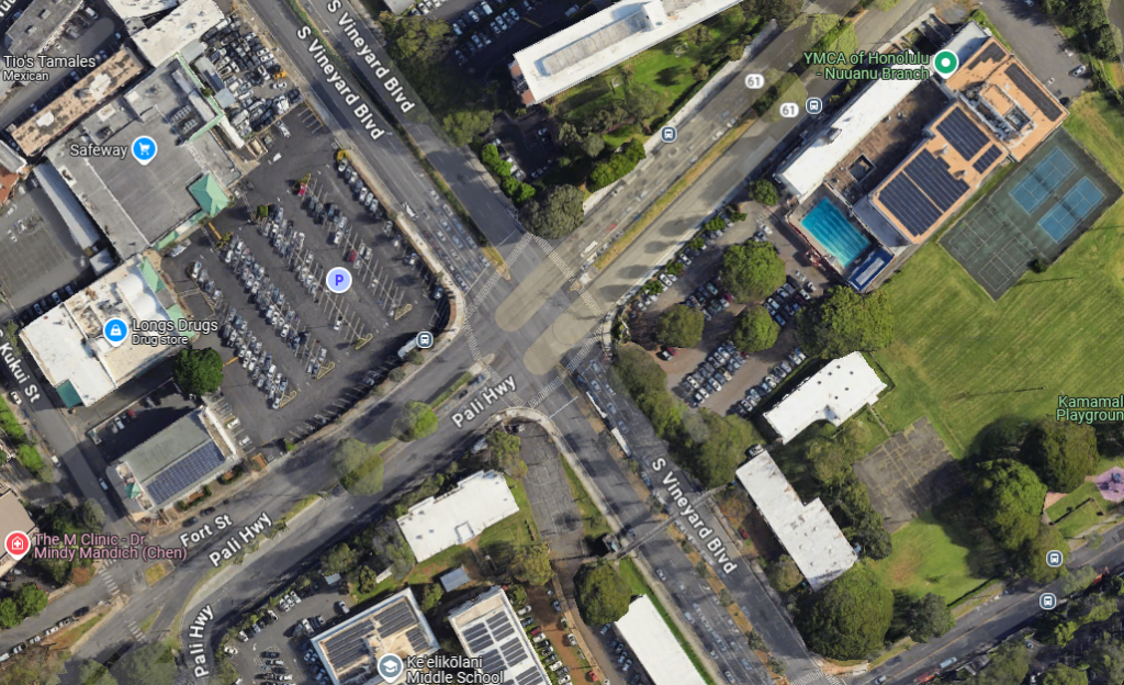 Google Maps Image of the Pali Highway and Vineyard Boulevard intersection.