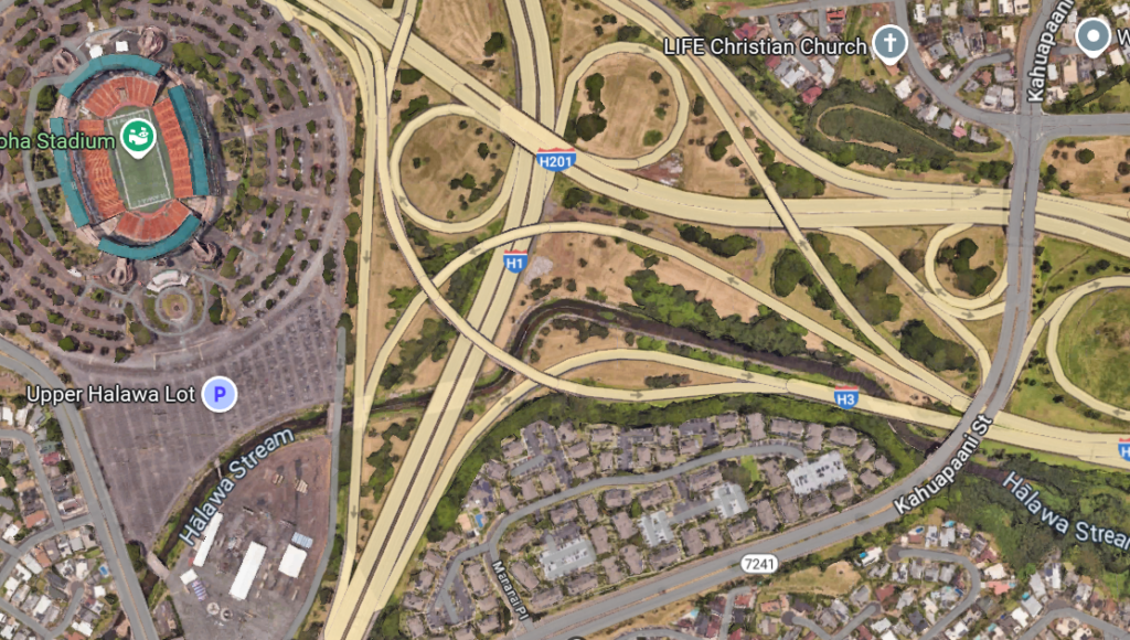 Google Maps image of the H-1 Freeway near the Aiea off-ramp.