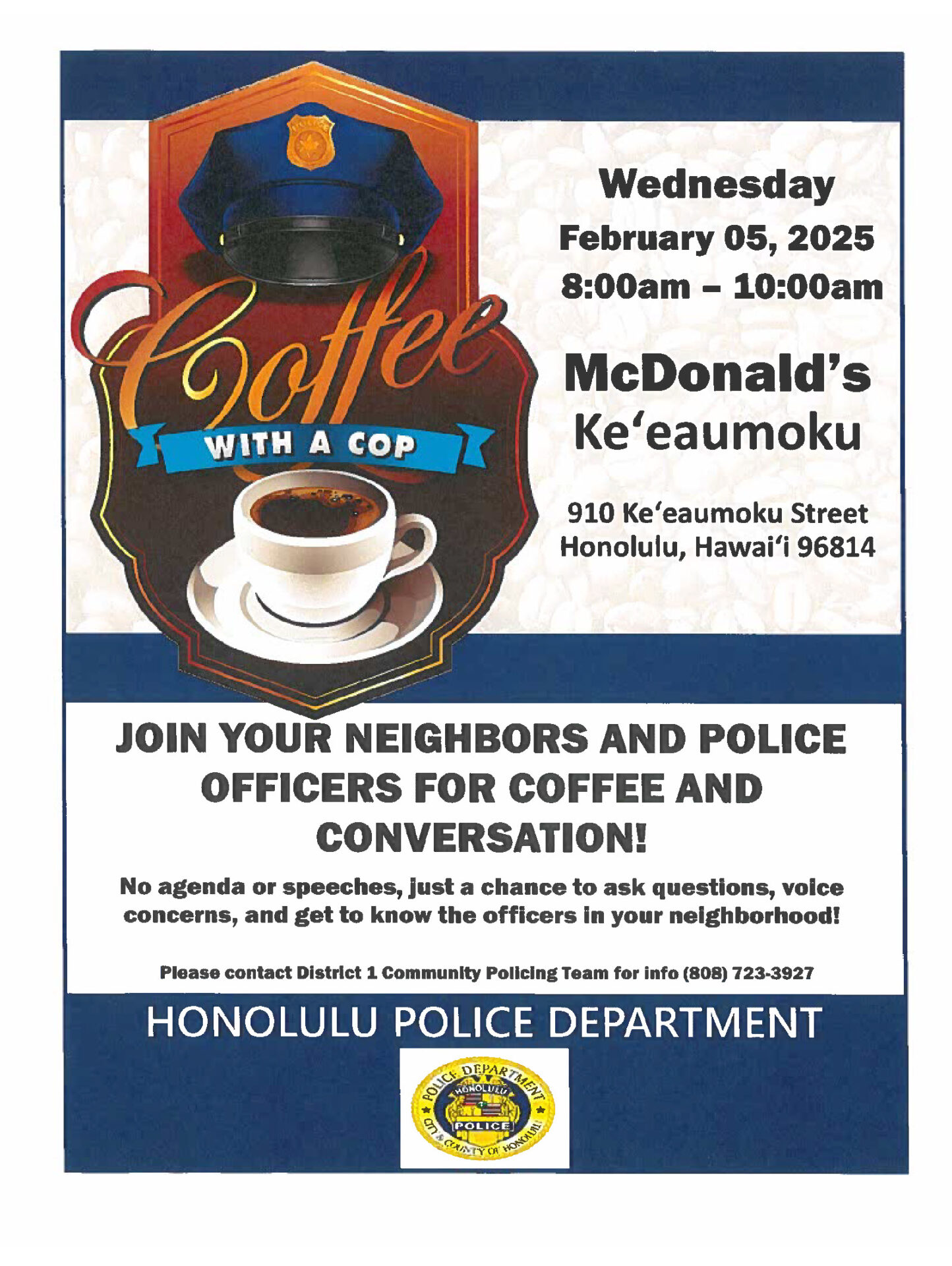 Flyer: District 1 Coffee With A Cop event